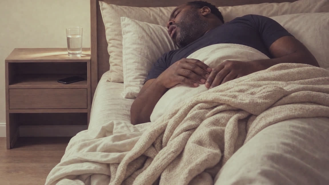 Dezelfde slaapkamer, dichterbij: de slapende man met zijn handen op zijn borst en het nachtkastje op de achtergrond.