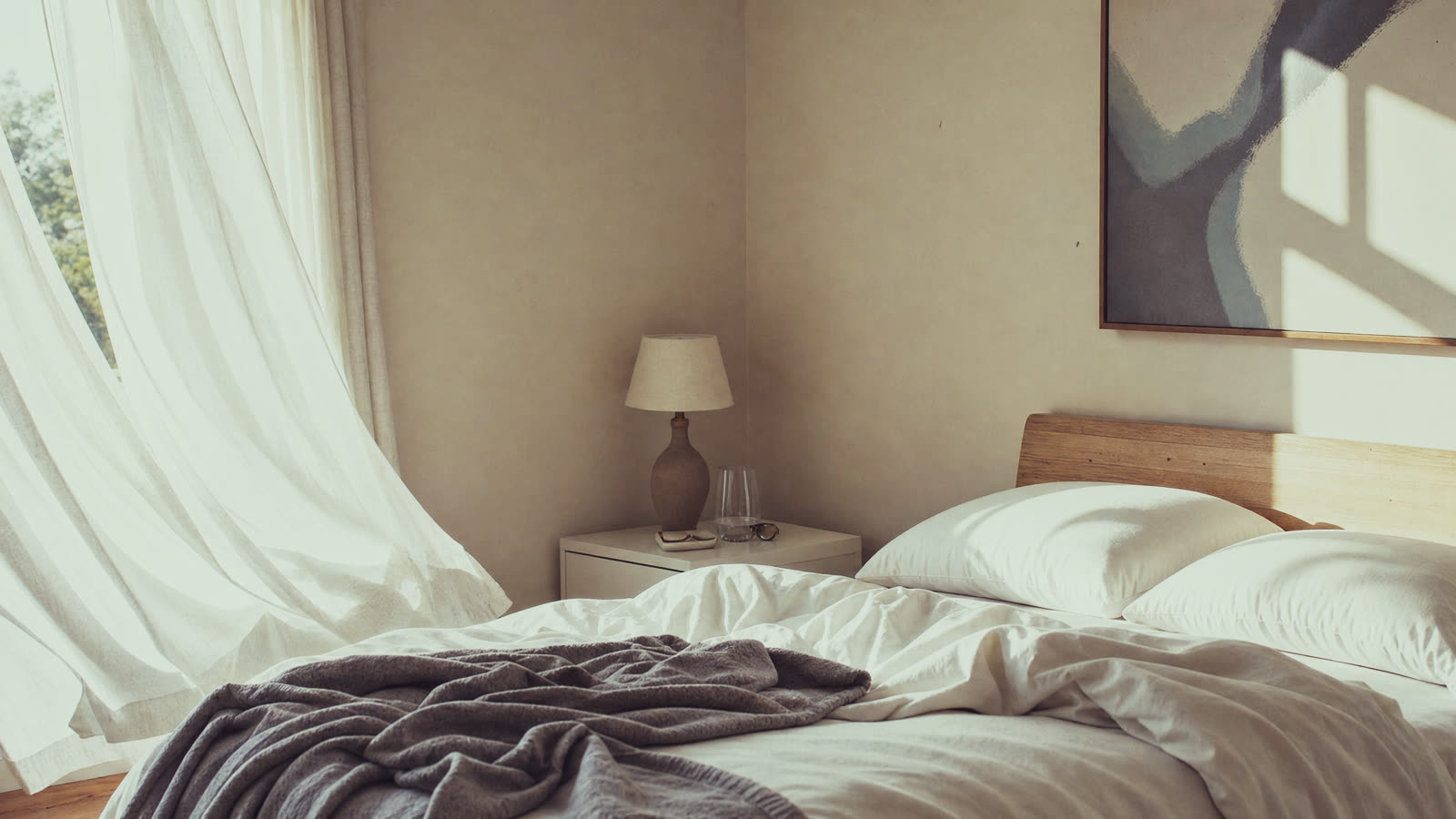 Een slaapkamer bij ochtendlicht. Vitrages bollen op door de tocht van een open raam; het bed is onopgemaakt en er is niemand in de kamer.
