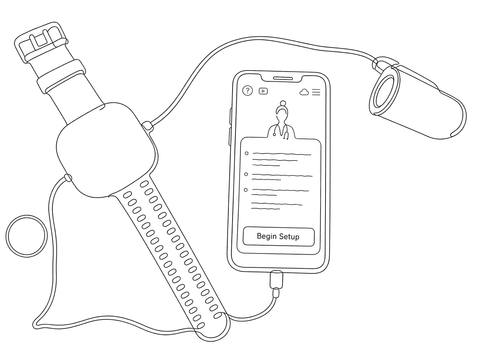 Lijntekening: de onderdelen van de slaaptest liggen naast een telefoon, met op het scherm de app en een knop 'Begin Setup'.