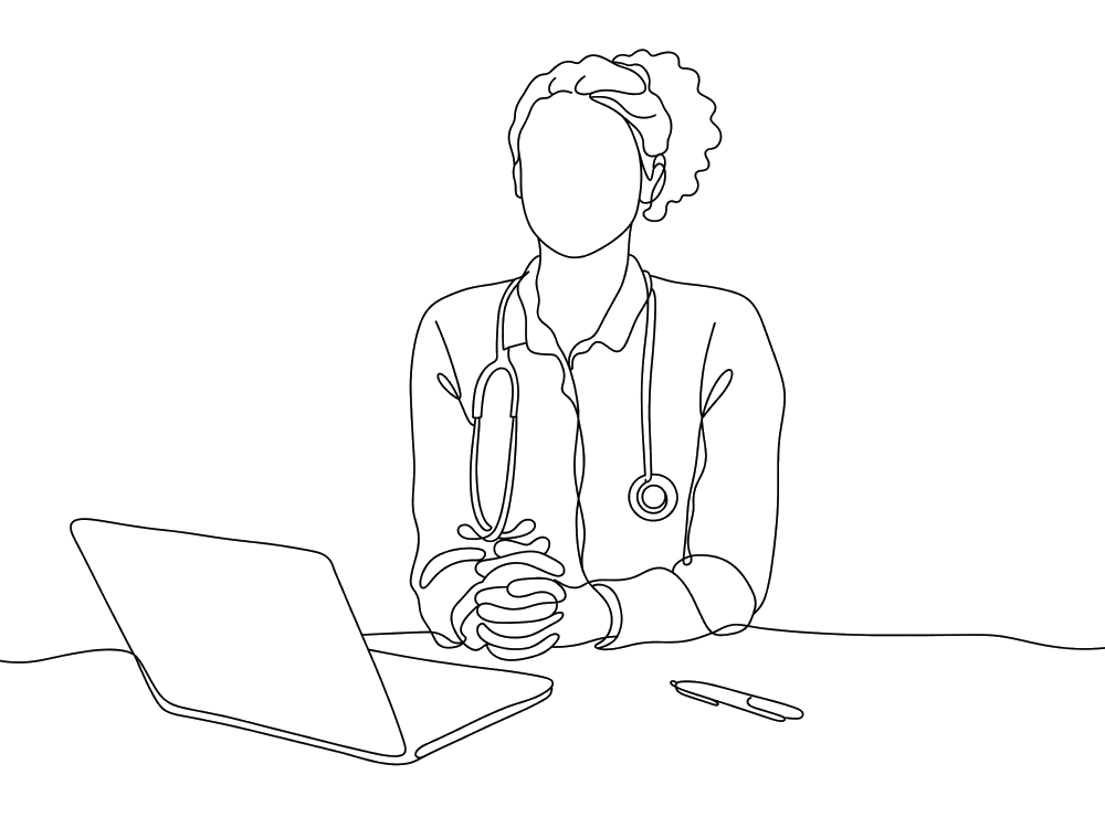 Lijntekening: een huisarts zit aan een bureau met een laptop en een pen, handen gevouwen op tafel.