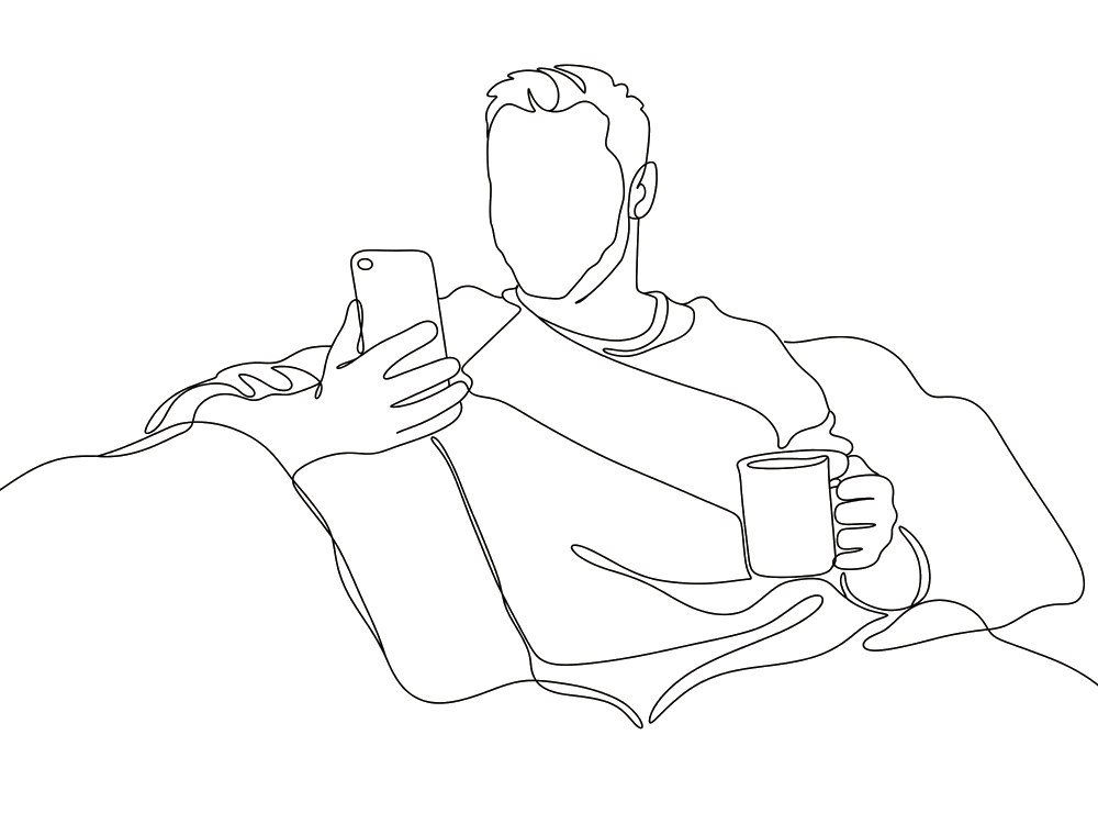Lijntekening: iemand leest op de bank de uitslag op een telefoon, met een mok in de andere hand.