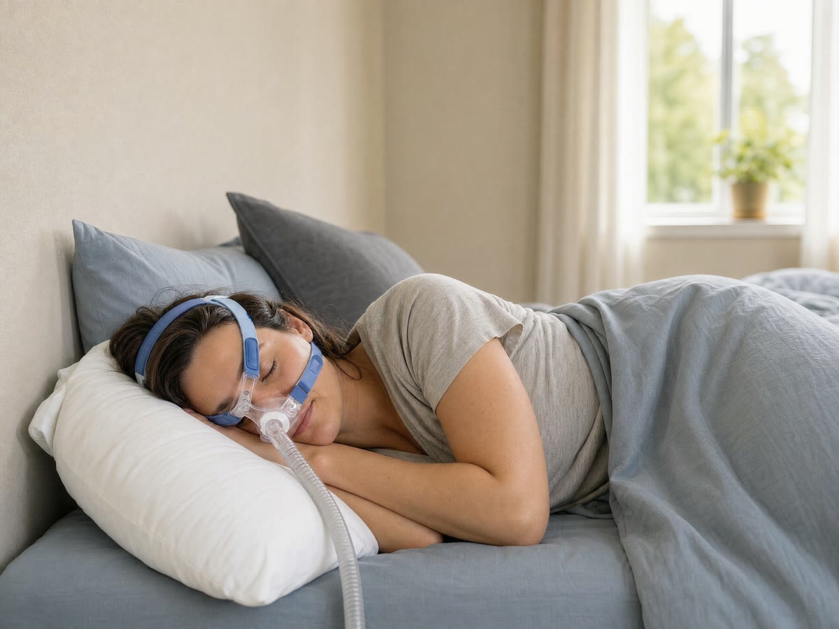 Een vrouw slaapt op haar zij met een CPAP-masker op; de slang loopt over het kussen.